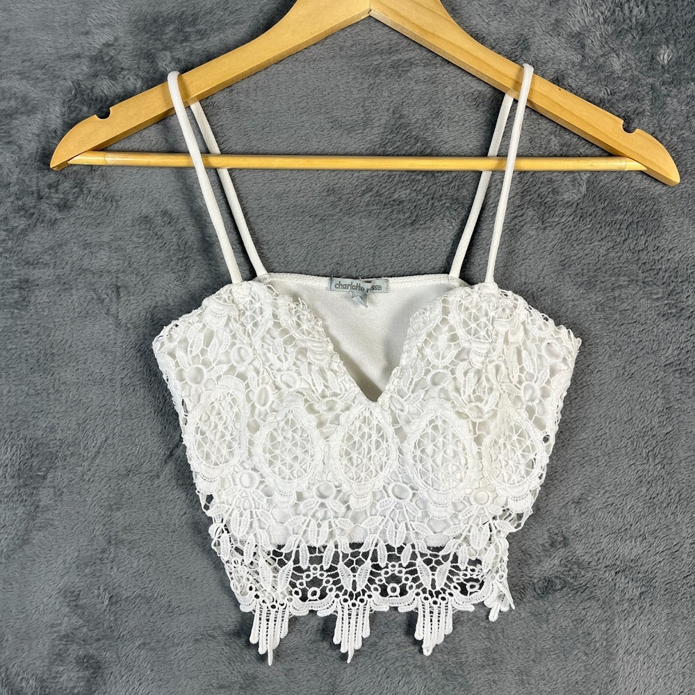 Charlotte Russe Cropped Top Womens XS White Floral Lace V Neck Spaghetti Straps